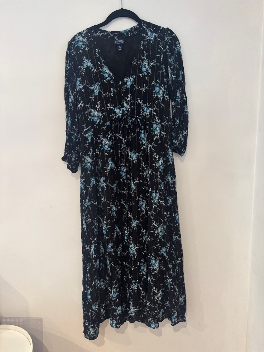 Scoop Women’s Black Floral Maxi Dress with Blue Print and gold stripes